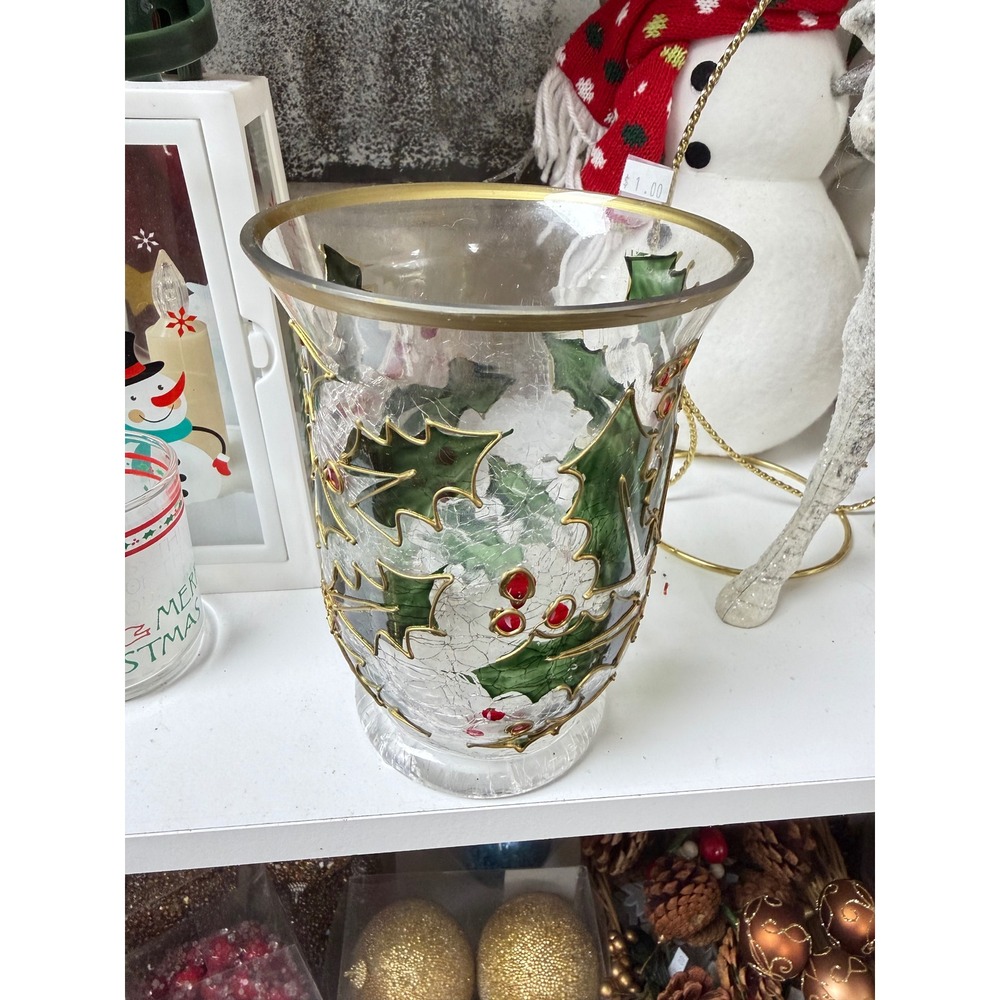 Vintage Christmas Crackle Glass Hurricane Vase Holly Berry Gold Trim Centerpiece